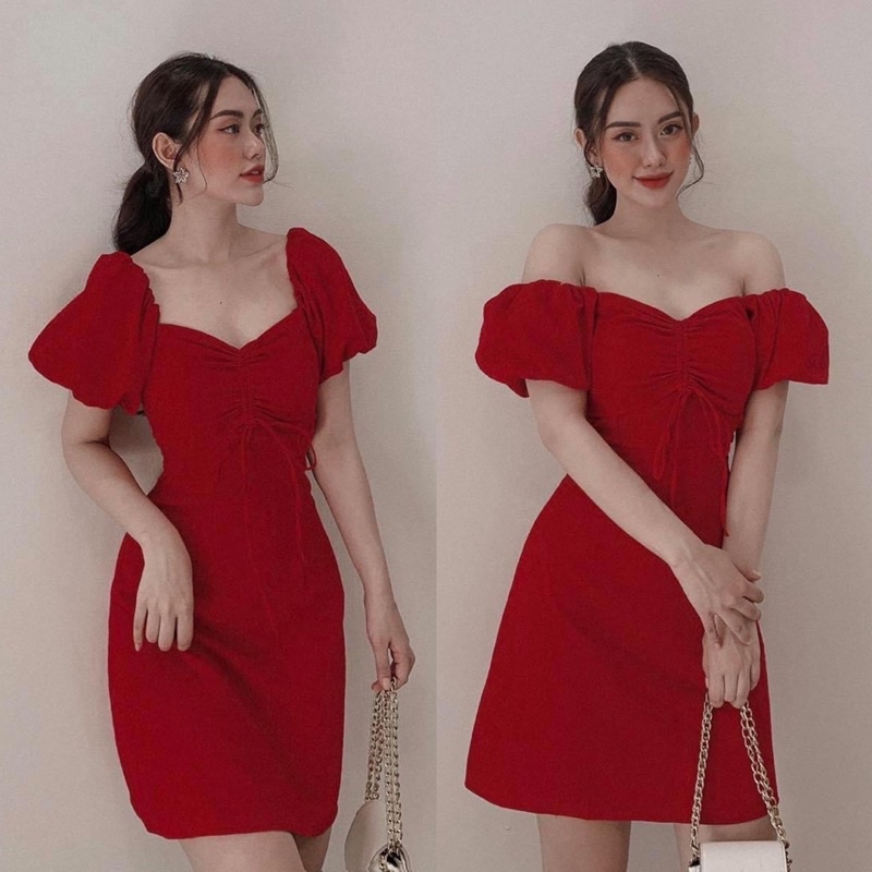 Đầm cổ vuông tay phồng rút ngực 4 màu