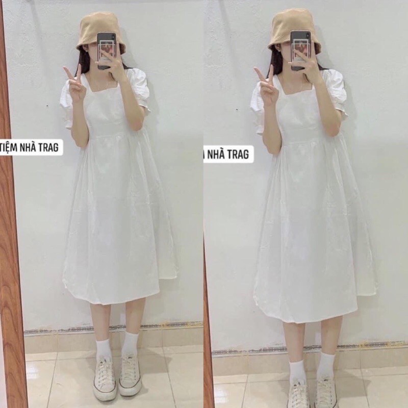 Váy Trắng Baby Doll Tiểu Thư Dáng Xòe Cổ Vuông Tay Phồng