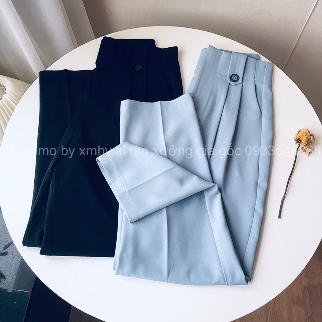 Quần baggy cạp liền lưng cao phối 2 khuy màu đen xanh thời trang Banamo Fashion 8335