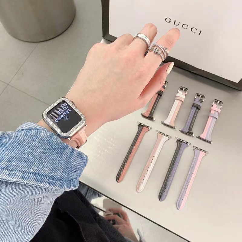 Dây đeo thay thế cho đồng hồ thông minh Apple 40mm 44mm 38mm 45mm Series 7 SE 654321 Đồng hồ dây da màu sắc tương phản cho nữ