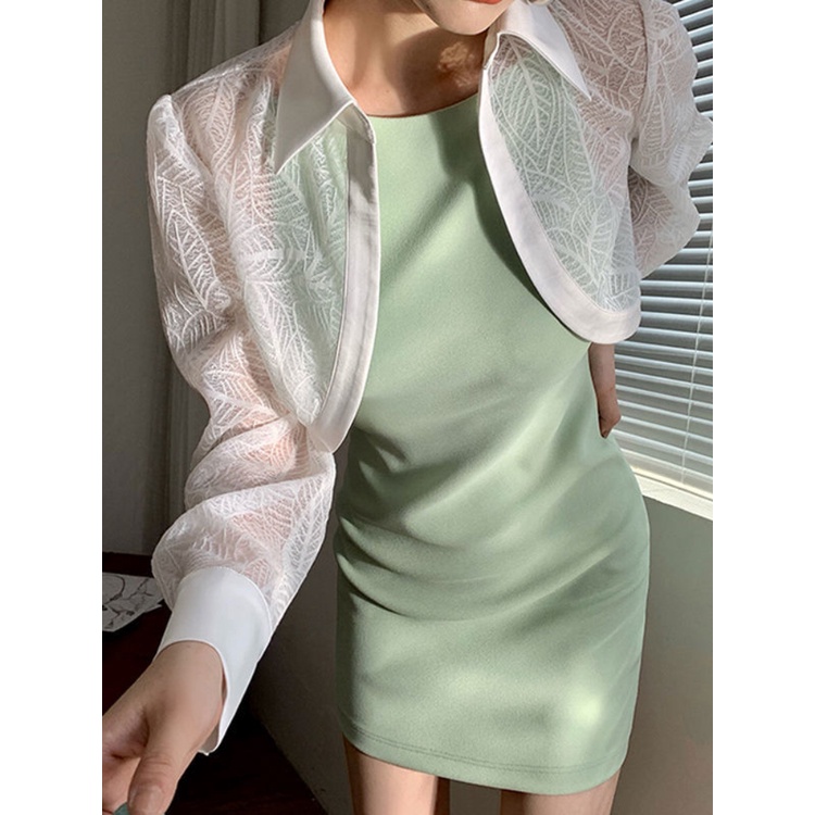 Women Lace Blouse Elegant Sexy Crop Cardigan Blouses Long Sleeve Shirt Black Korean Fashion Tops