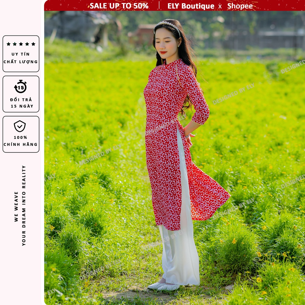 Áo dài cách tân nữ lụa in Nhật hoa nhí thiết kế phong cách ELY tà ngắn LHN02