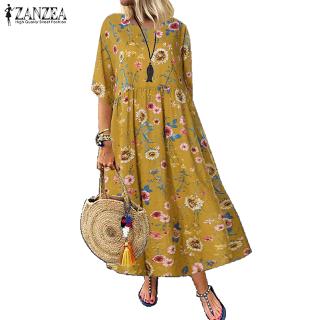 Đầm Maxi Zanzea Tay Lỡ Cổ Tròn In Hoạ Tiết Xinh Xắn Thời Trang Cho Nữ