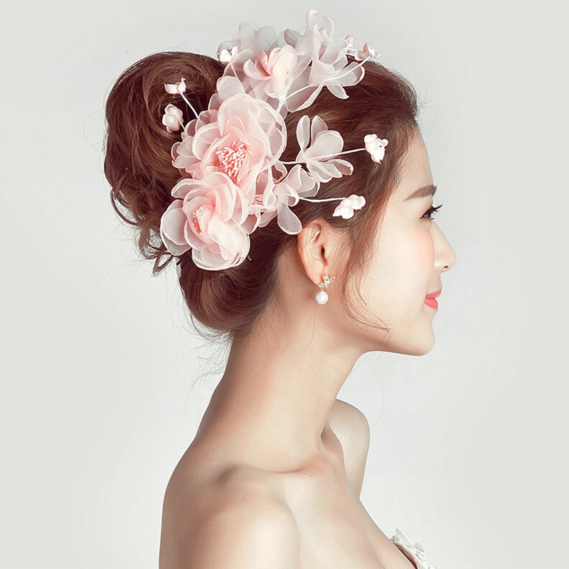 Kẹp tóc trang trí hoa bằng vải chiffon màu hồng cho nữ