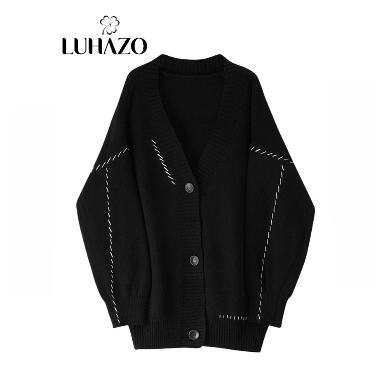 Áo cardigan nữ đen trắng form rộng dài LUHAZO khoác oversize, bigsize Retro 2022 H-7