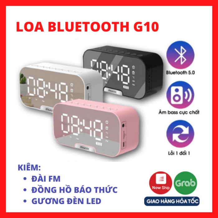 Loa bluetooth mini G10 cao cấp, kiêm đồng hồ báo thức ,nghe đài FM, màn hình tráng gương hiển thị đèn led