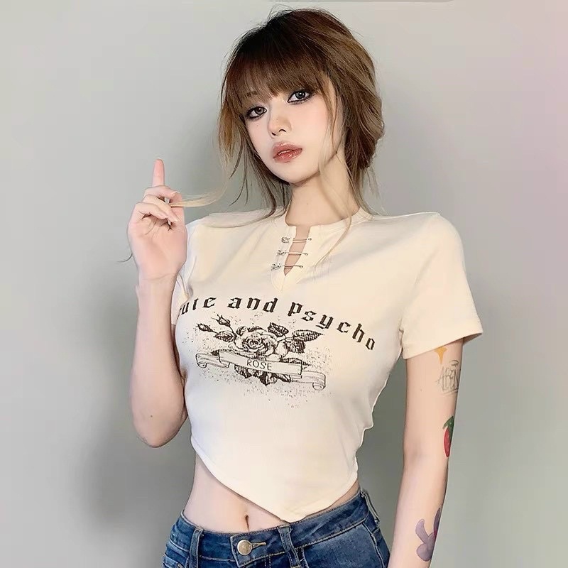 [CÓ GHIM CÀI]Áo CropTop Tà Chéo In Cute and Psycho