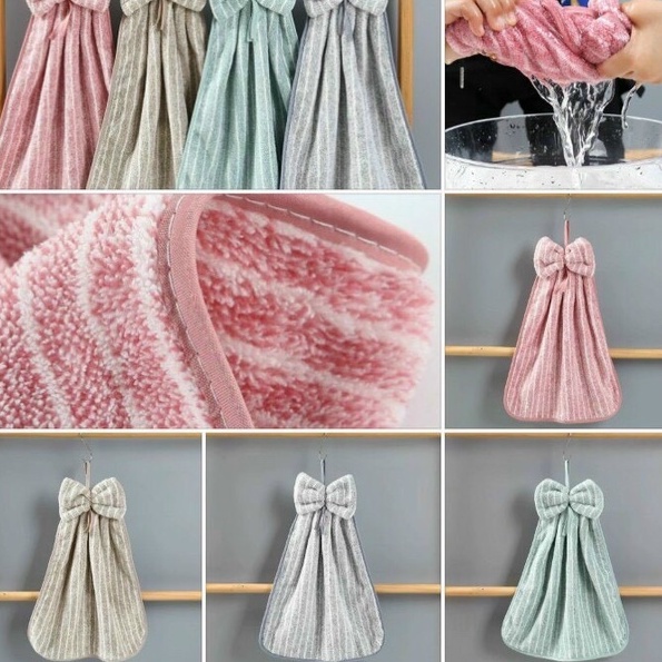 [𝒓𝒆̉ 𝒏𝒉𝒂̂́𝒕 - Rẻ Lau] Khăn Lau Tay Treo Tường Có Móc Chất Vải Nhung San Hô Thấm Hút Nhanh Khô Khăn Sọc Hình Nơ Dễ Thương