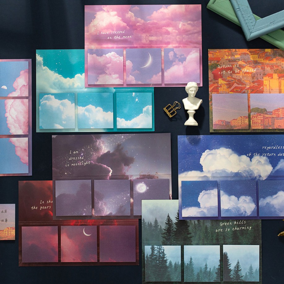 Bộ 60 tấm giấy note giấy ghi chú nghệ thuật mẫu bầu trời và hoa lá cây cỏ