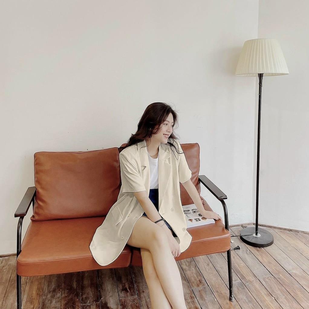 Áo vest-blazer vạt bầu cộc tay dáng suông vải trượt mặc mùa hè H100