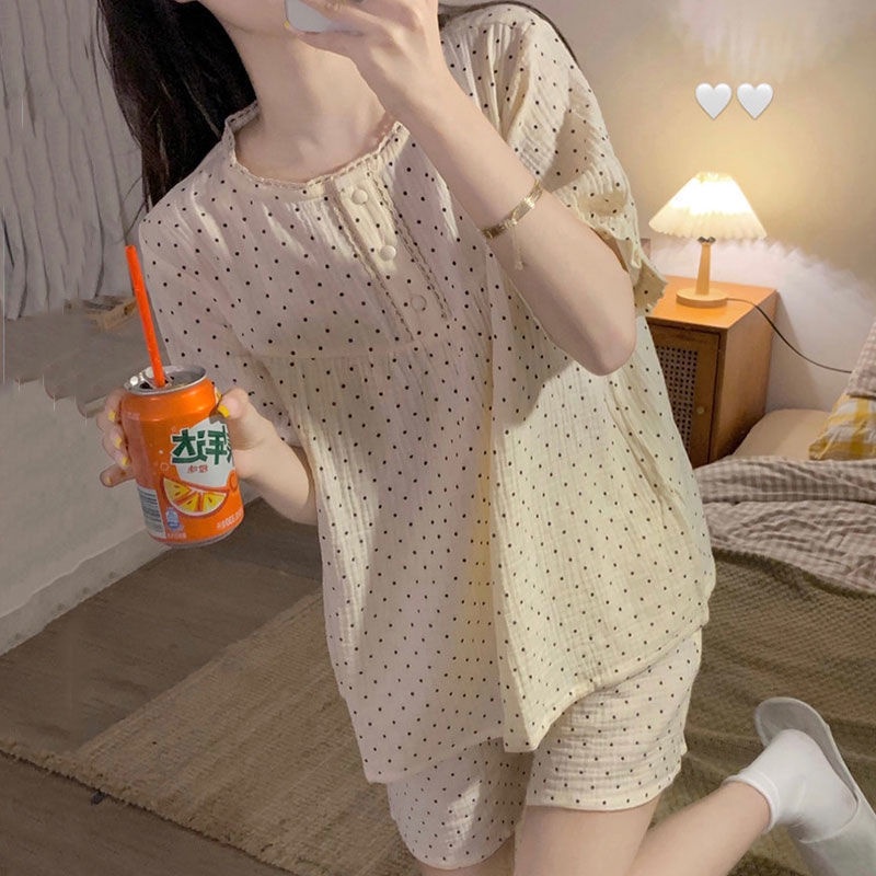 Bộ đồ ngủ FDS dáng ngắn họa tiết chấm bi phong cách Nhật bản thời trang xinh xắn cho nữ