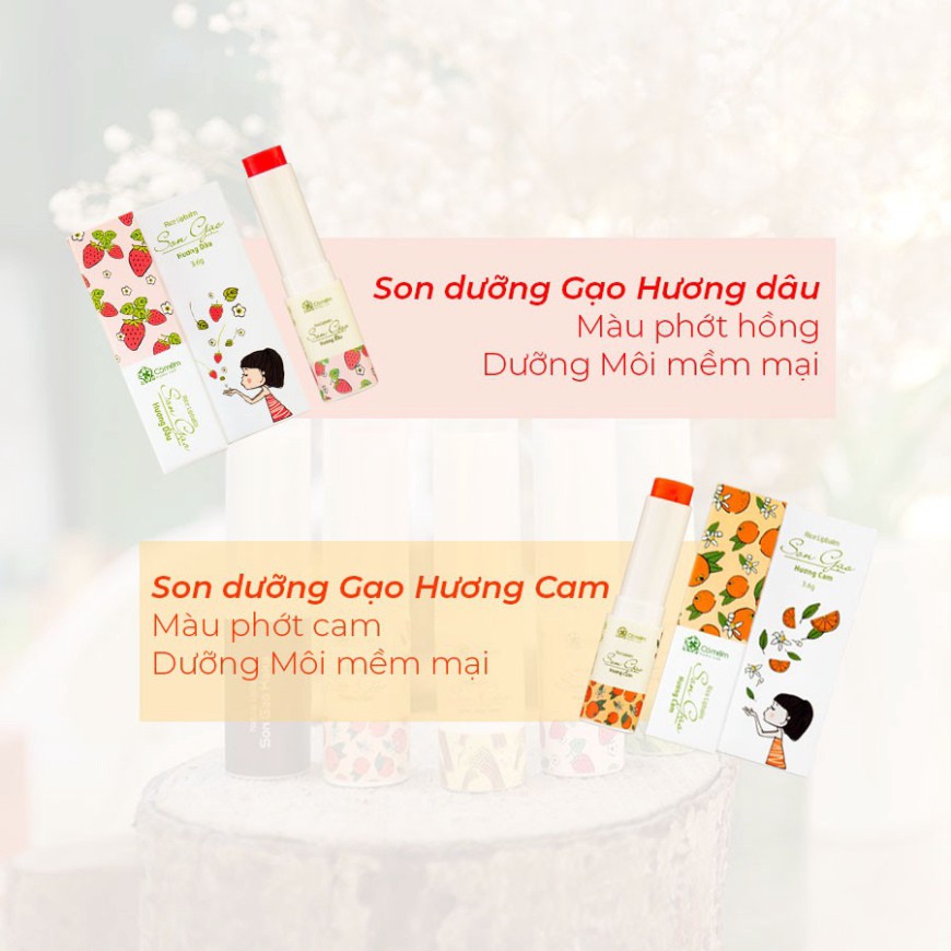 Combo Môi Hồng Cỏ Mềm - Chăm Sóc Môi Toàn Diện, Gồm Son Lụa Không Chì, Son Gạo Dưỡng Môi Và Tẩy Da Chết Môi