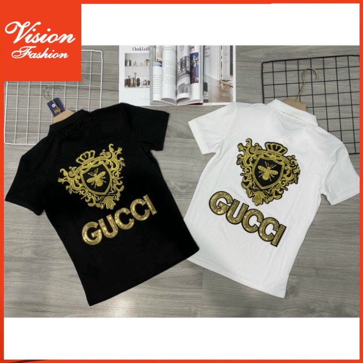 Áo thun nam ngắn tay cổ trụ kim sa hoa tiết GUCCI thêu con ong