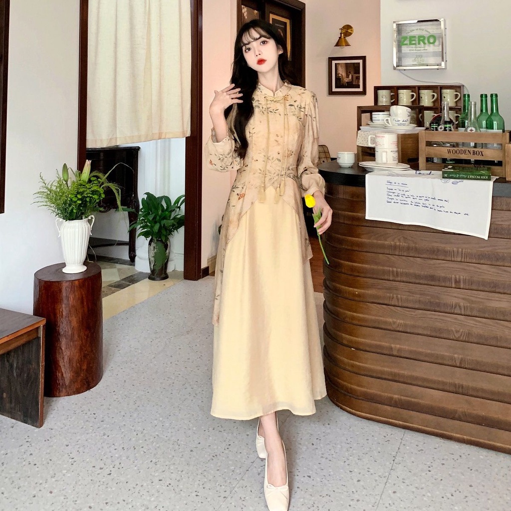 Đầm Sườn Xám Dáng Dài Ôm Eo Cài Khóa Cỡ Lớn Phong Cách Trung Hoa Cổ Điển Thời Trang Mùa Thu Hàng Mới Cho Bạn Gái Mùa Thu 10.6