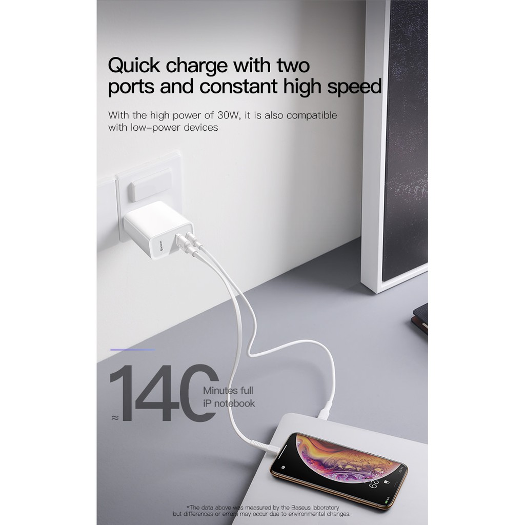 Cốc sạc Baseus Speedy Series PPS sạc nhanh 5V-5A Max 2 cổng Type-C + USB cho điện thoại iPhone XS Max Samsung note 9