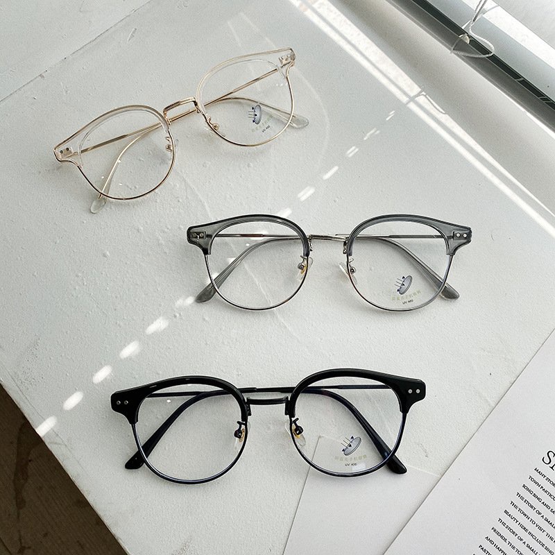 Mắt kính giả cận thời trang nữ nam gọng tròn cao cấp phong cách Hàn Quốc kính mát 0 độ chống ánh sáng xanh 048