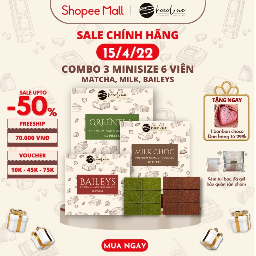 Socola Tươi Chocoline Mini Vị Matcha Trà Xanh &amp; Vị Sữa Milk Choc &amp; Vị Kem Sữa Baileys - Combo 3 Hộp 6 Viên (120 gram)