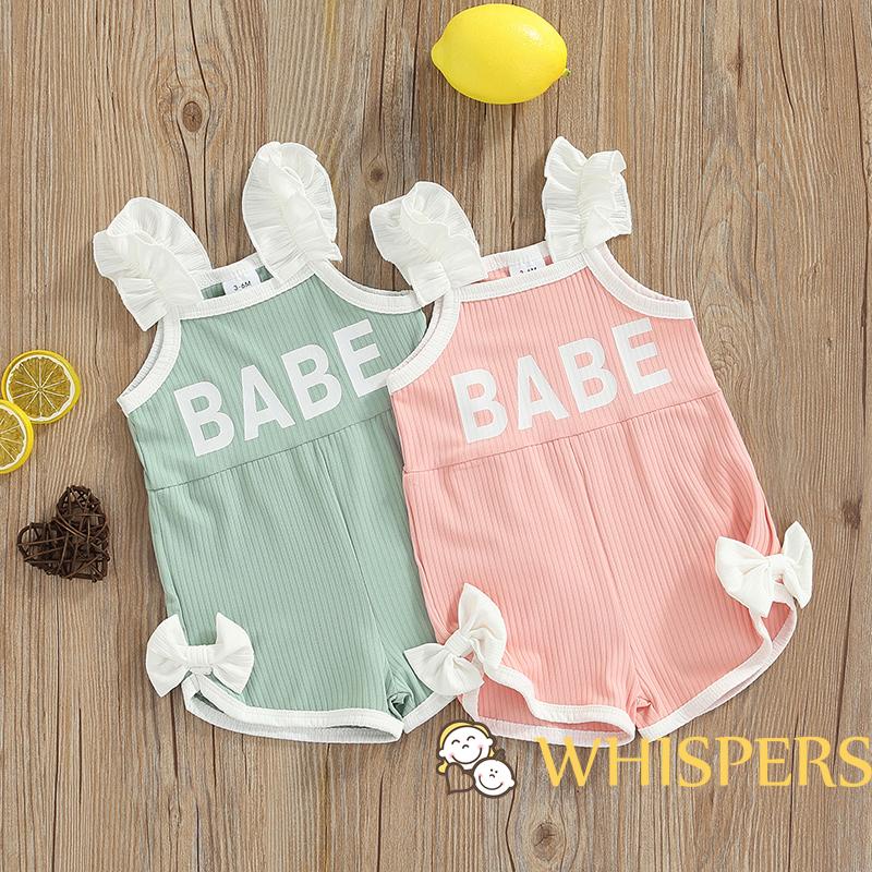 WHISPERS-Baby Girls Romper Ruffle Shoulder Straps Lettering Elastic Rib Surface Bow Decor One Piece