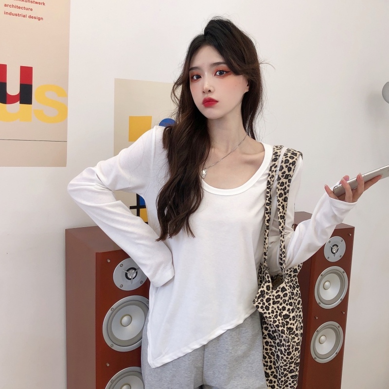 ZHELIHANGFEI Áo Thun Tay Dài Cổ Tròn Thiết Kế Bất Đối Xứng Thời Trang