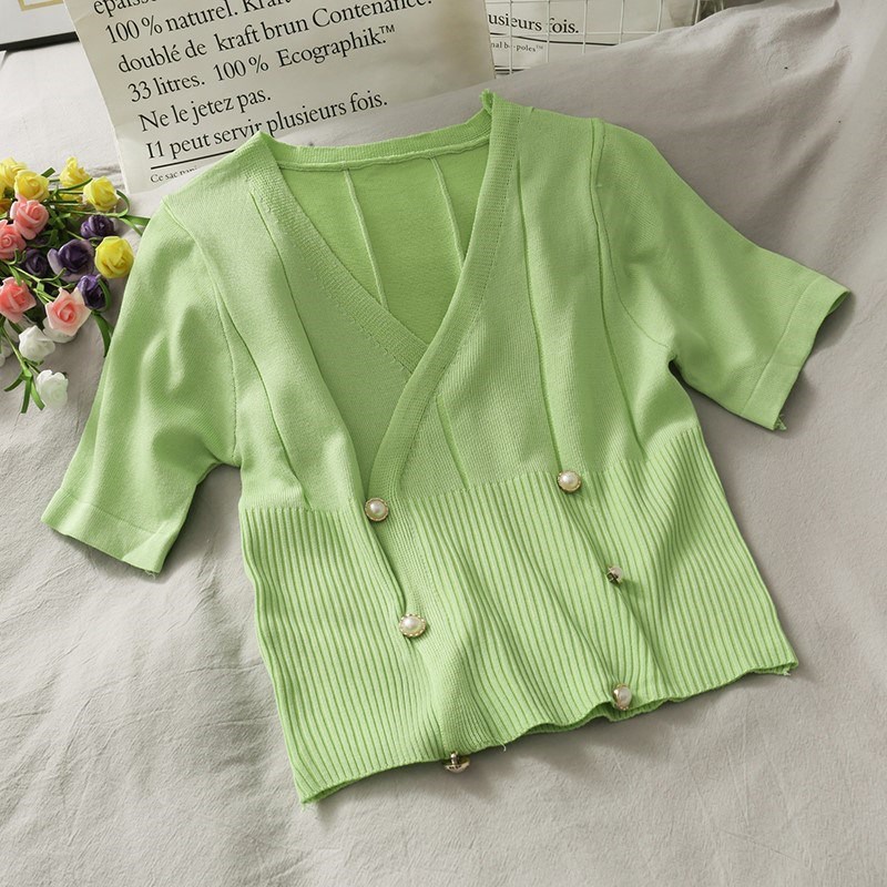 Áo Croptop Dệt Kim Màu Sắc Trơn Tay Ngắn Cổ Chữ V Phong Cách Hàn Quốc Cho Nữ