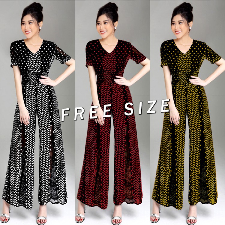 Jumpsuit nữ Dài Ống Suông Chấm Bi Xếp Li Bụng Cổ Tim J1016