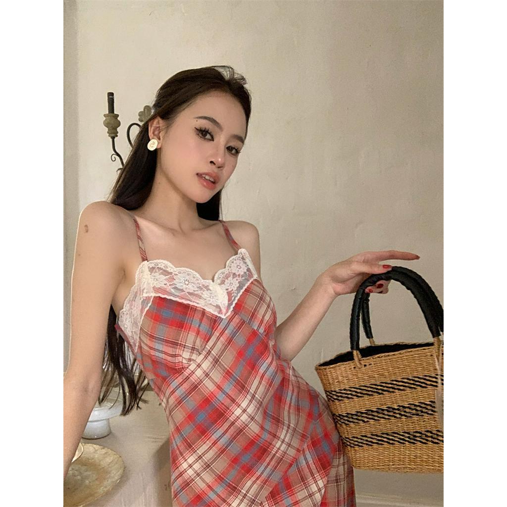 Đầm Dài Hai Dây Phối Ren Họa Tiết Sọc Caro Thời Trang Mùa Hè Cho Nữ