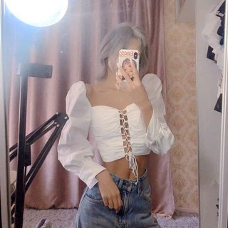 Áo Croptop Đan Dây Tay Dài Daisy (TRẮNG+ĐEN)