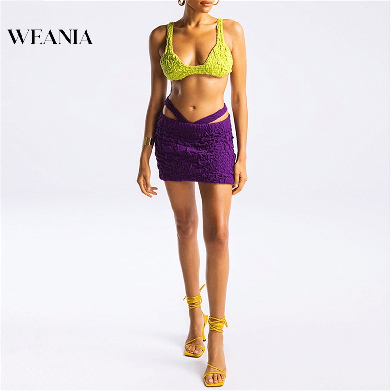Bộ Áo Croptop Không Tay + Chân Váy Lưng Cao Xinh Xắn Dành Cho Nữ