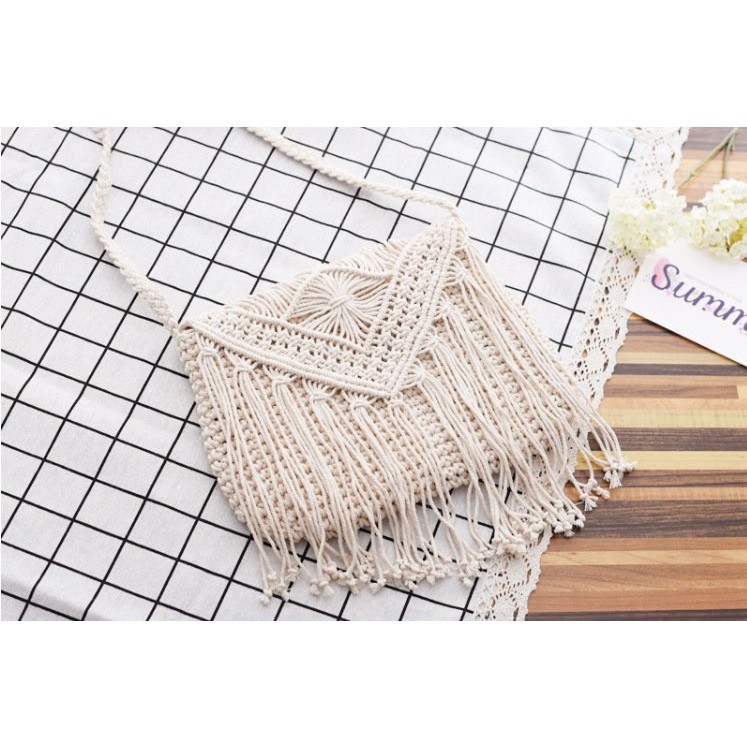 [NowShip - Giao Ngay] Túi Cói Boho Vintage Đeo Vai, Đeo Chéo Hình Tròn Dây Da Màu Nâu Be Trơn