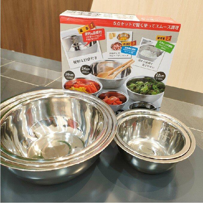 Bộ 5 Thau Chậu Inox Không Gỉ Có Chia Vạch Xuất Nhật Cao Cấp Siêu Bền