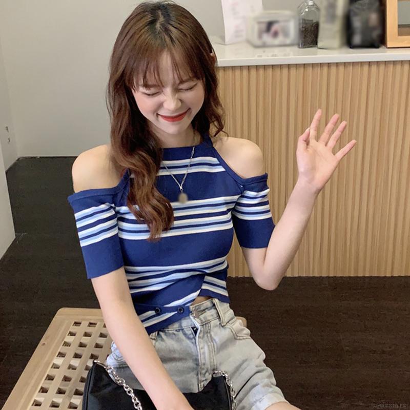 Áo dệt kim cổ tròn thiết kế trễ vai cho nữ