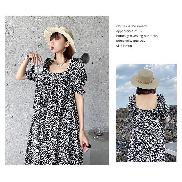 Đầm dài tay phồng họa tiết hoa phong cách retro thanh lịch