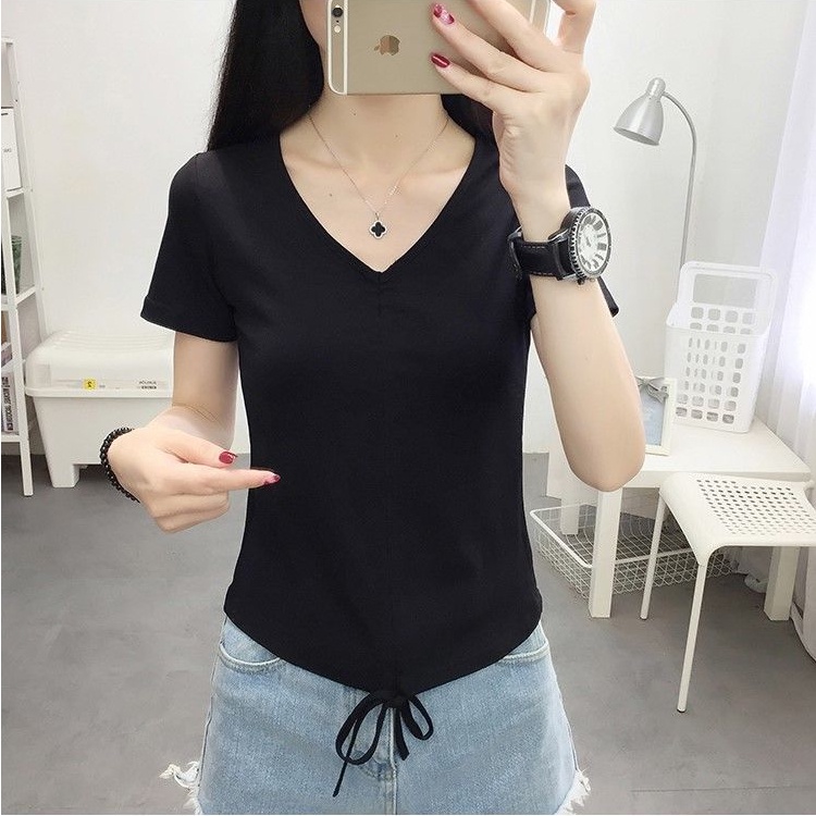 Áo Thun Ngắn Tay Cổ Chữ V Phối Dây Rút Phong Cách Hàn Quốc Thời Trang Cho Nữ Áo phông Nữ TX-150