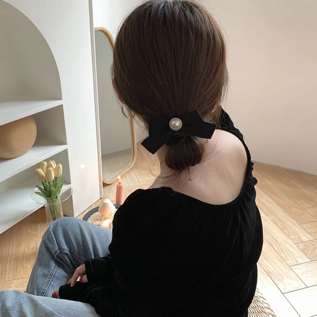 Dây Buộc Tóc Cao Su Màu Đen Đính Nơ Và Ngọc Trai Phong Cách Retro Pháp
