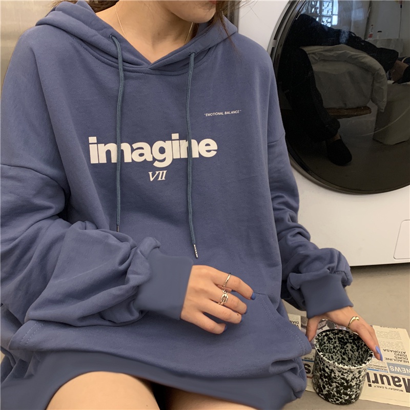 SUXI Áo hoodie dáng rộng in chữ thiết kế mới thời trang mùa thu theo phong cách hàn quốc dành cho nữ