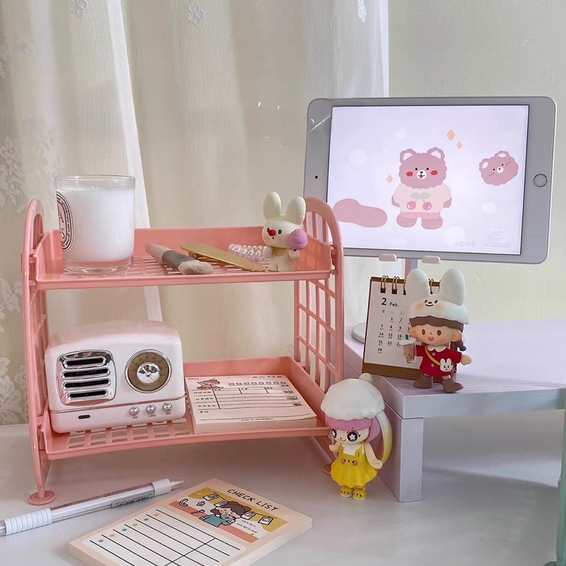 Kệ Nhựa 2 Tầng Để Bàn Đựng Đồ Mini Góc Tròn Tháo Rời 7 Màu