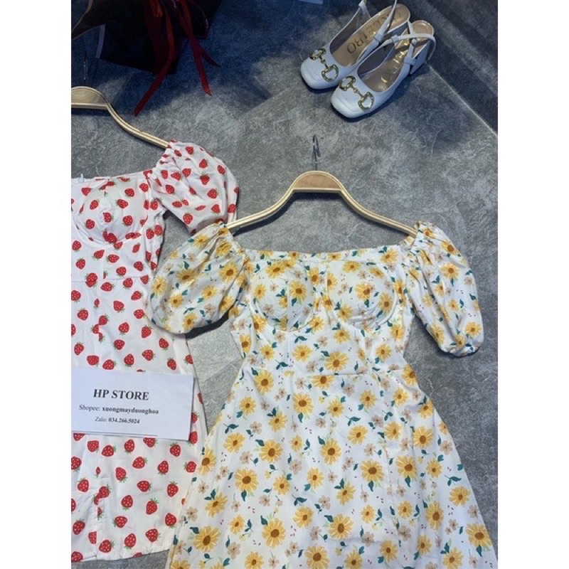 Váy hoa tay bồng cổ vuông hoạ tiết dâu tây hoa lá siêu xinh