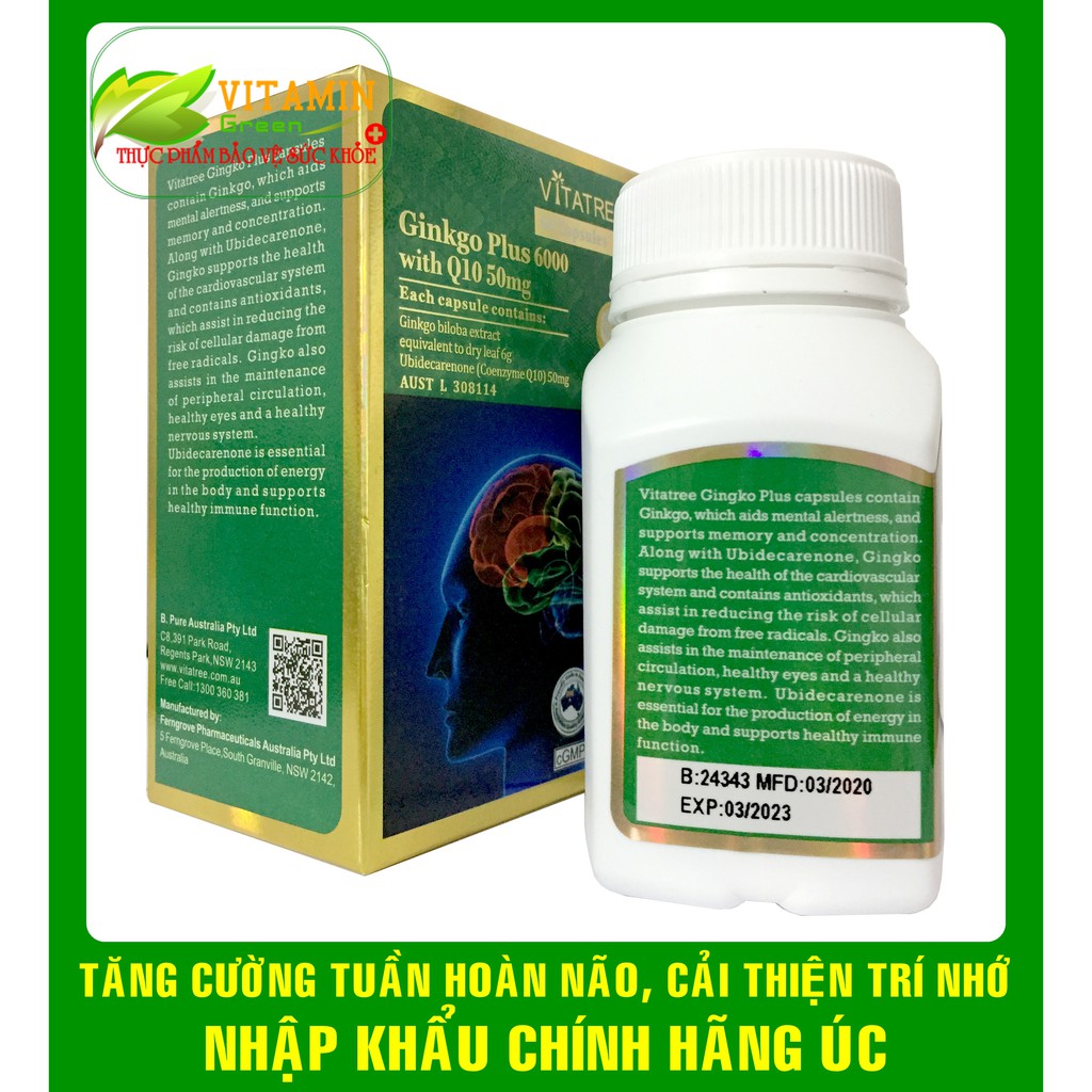 VITATREE GINKGO PLUS 6000MG WITH Q10 TĂNG CƯỜNG TUẦN HOÀN NÃO (60 viên) | NHẬP KHẨU CHÍNH HÃNG ÚC