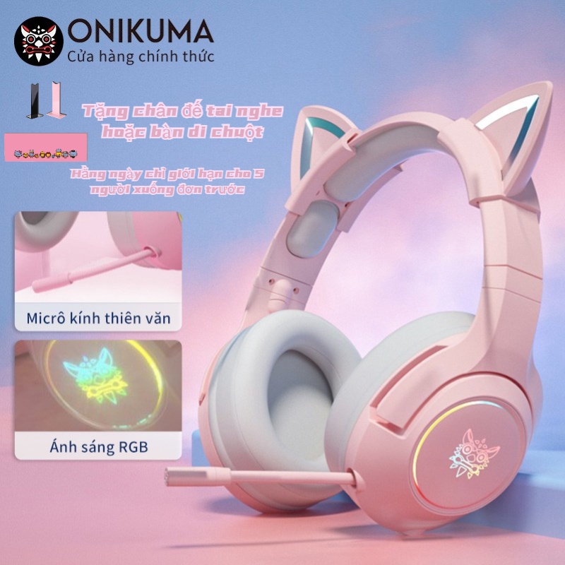 ONIKUMA K9 Tai nghe chơi game có mic màu hồng tai mèo cho điện thoại /máy tính xách tay/ Pc / Ps4/Xbox Bảo hành 2 năm