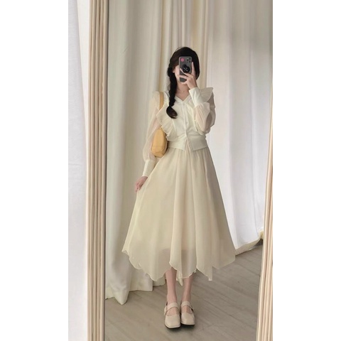 SET ÁO VOAN TƠ BÈO TD  + CHÂN VÁY MIDI NHỌN NUDE