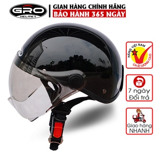 Mũ Bảo Hiểm Nửa Đầu Gro Chính Hãng, có kính che nửa mặt, kiểu dáng thời trang cho nam và nữ - Đen Bóng
