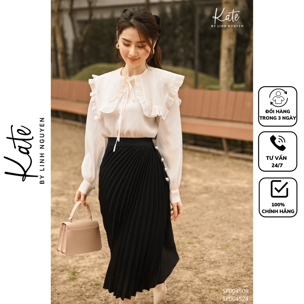 Áo sơ mi tơ óng vân bèo cổ 4506 chân váy xếp ly lệch tà 4524 thời trang thiết kế KATE By Linh Nguyen