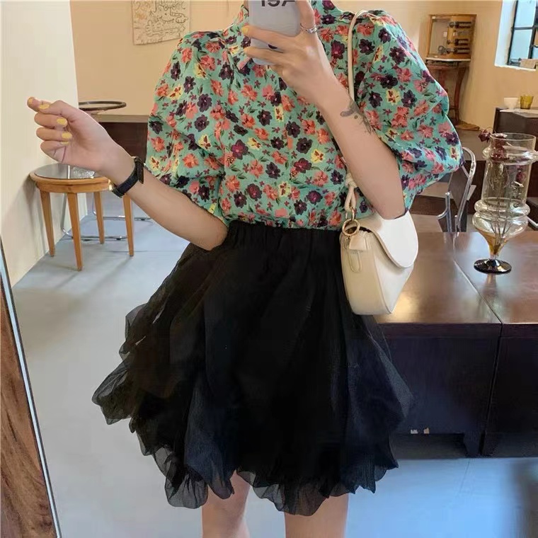 Áo sơ mi SUXI tay phồng dáng rộng in họa tiết hoa dễ thương thời trang mùa hè cho nữ