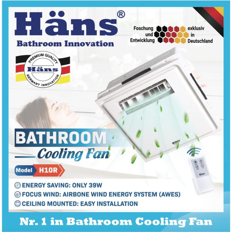 Quạt mát nhà vệ sinh âm trần Hans H10S và H10R có điều khiển từ xa