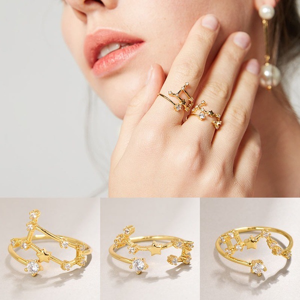 Nhẫn hở mạ vàng hồng phong cách 12 cung hoàng đạo đính đá zircon cao cấp