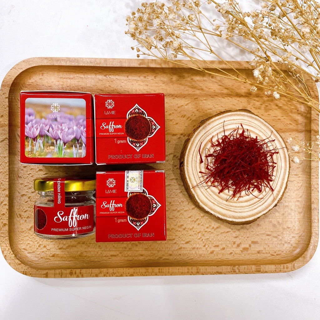Saffron nhụy hoa nghệ tây IRan hàng nhập khẩu có đủ kiểm nghiệm và công bố thương hiệu Lamie hộp 1gram.
