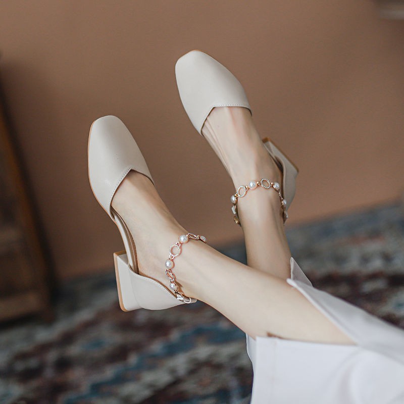 Giày sandal gót cao vừa dày quai đính hạt ngọc trai nhân tạo mẫu 2021 thời trang mùa hè mới dành cho nữ