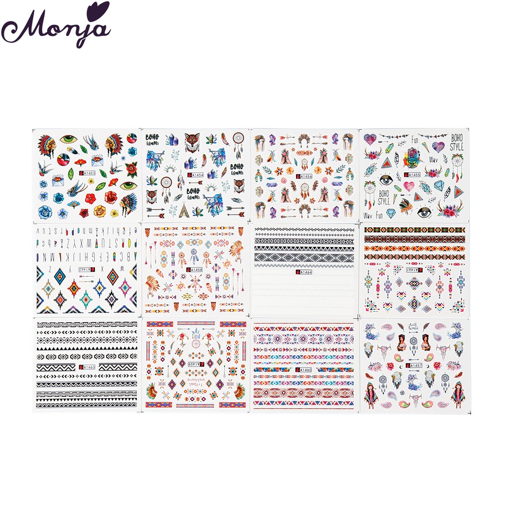 MONJA [Hàng mới về] Set 12 tờ miếng dán chuyển nước trang trí móng nhiều kiểu thiết kế 3D