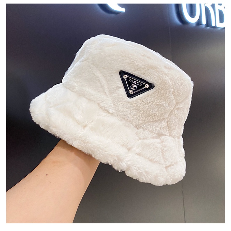 Mũ bucket phối lông ấm áp phong cách Harajuku Nhật Bản thời trang mùa đông cho nữ 2021