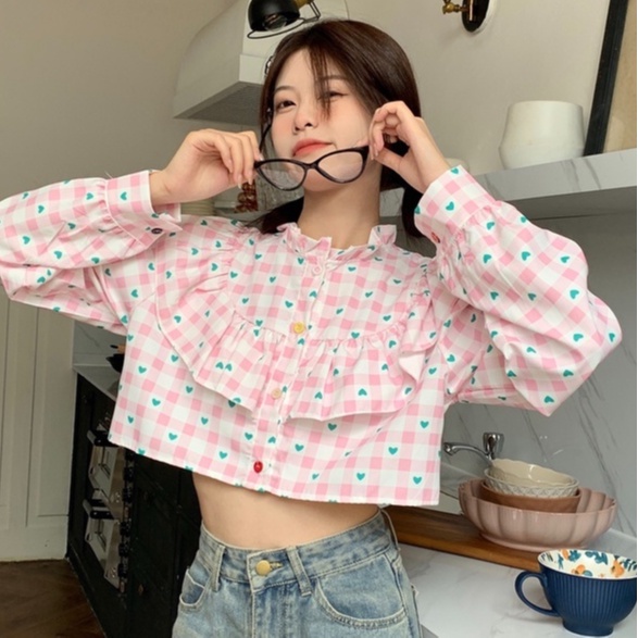 ZHELIHANGFEI Áo Sơ Mi Tay Dài Hở Eo Cao In Họa Tiết Trái Tim Quyến Rũ Dễ Phối Đồ